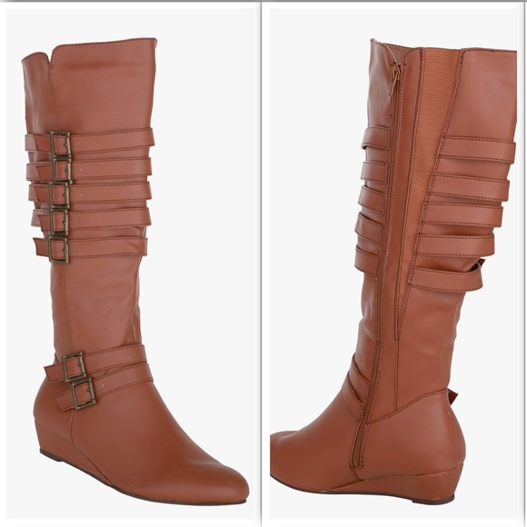torrid Shoes - Torrid Strappy Wedge Knee High Boots in Cognac 9W